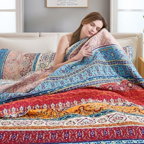 WONGS BEDDING Boho Quilt Queen Size,3 Pieces Soft Blue Stripe Bedding Set