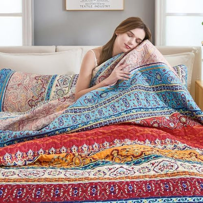 WONGS BEDDING Boho Quilt Queen Size,3 Pieces Soft Blue Stripe Bedding Set