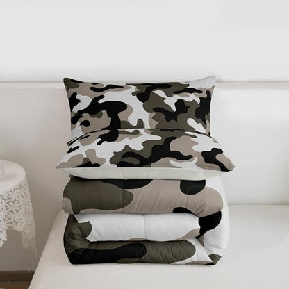 Camouflage Comforter Set Grey Camo Bedding Sets Queen Size Militarily Army Down Comforter For Boys Teens Men Adult Tie Dye Retro Geometric Warm Soft Quilted Duvet 3Pcs Bedroom Decor, All Season