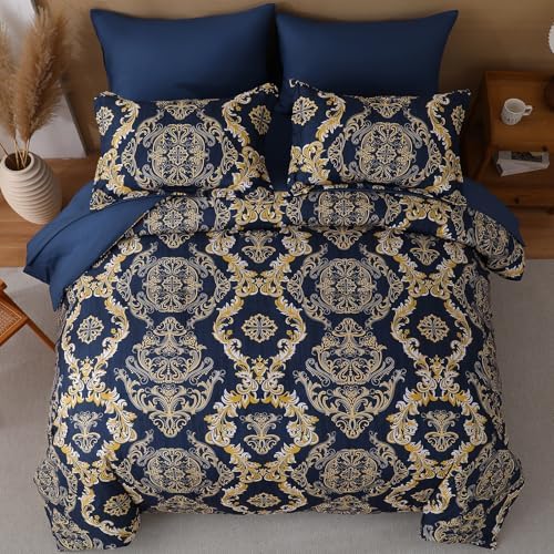 WONGS BEDDING Blue Gold Comforter Set King Size, Damask Texture 7 Pieces Bed in a Bag Microfiber Comforter Bedding Sets -1 Comforter, 1 Flat Sheet, 1 Fitted Sheet, 2 Pillow Shams, 2 Pillowcases