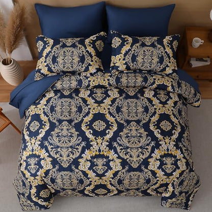 WONGS BEDDING Blue Gold Comforter Set King Size, Damask Texture 7 Pieces Bed in a Bag Microfiber Comforter Bedding Sets -1 Comforter, 1 Flat Sheet, 1 Fitted Sheet, 2 Pillow Shams, 2 Pillowcases