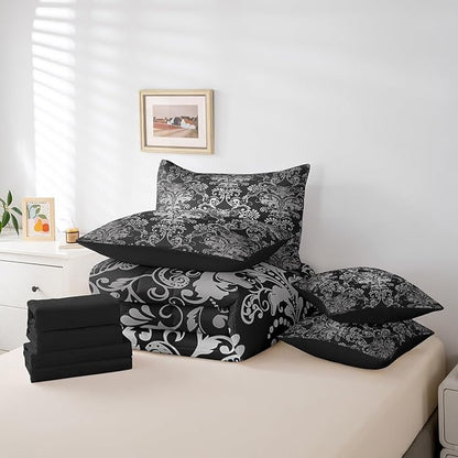 Erosebridal Gothic Damask Bed in a Bag King Size Comforter Set 7 Pieces,Exotic Moth Bedding Sets Black White Victorian Floral Goth Sheet Set with Comforter