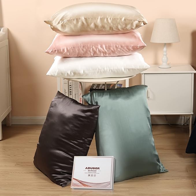 Adubor Silk Pillowcase 2 Pack for Hair and Skin with Hidden Zipper, Both Sides 23 Momme Silk Pillow Case (Beige, Standard: 20''x26'')