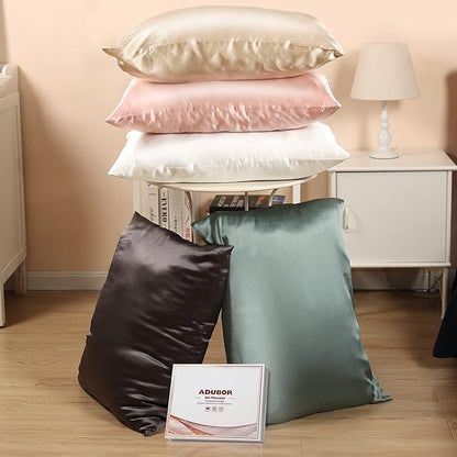 Adubor Silk Pillowcase 2 Pack for Hair and Skin with Hidden Zipper, Both Sides 23 Momme Silk Pillow Case (Beige, Standard: 20''x26'')