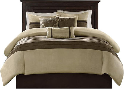 Madison Park Cozy Comforter Set-Luxury Faux Suede Design, Striped Accent, All Season Down Alternative Bedding, Matching Shams, Decorative Pillow, Natural, California King (104 in x 92 in)