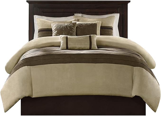 Madison Park Palmer Comforter Set - Faux Suede Design, Striped Accent, All Season Down Alternative Bedding, Matching Shams, Decorative Pillow, Bed Skirt, King (104 in x 92 in), Natural 7 Piece