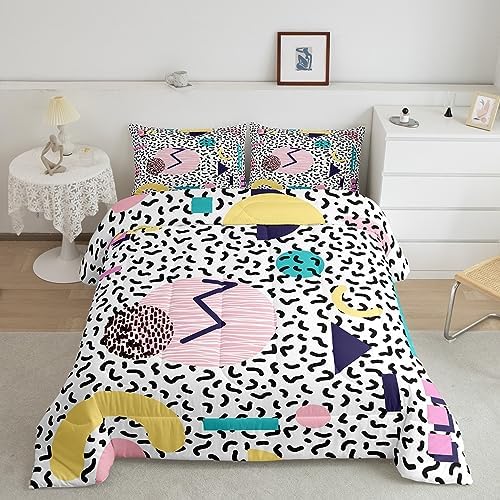 Manfei Memphis Comforter Set Full Size, Vintage Hip Hop Quilt Set with 2 Pillowcases, Retro 80s or 90s Geometric Fashion Style Bedding Set 3pcs for Kids Boy Girls Lightweight Duvet Insert