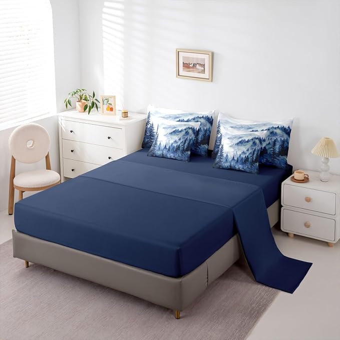 Erosebridal Blue Misty Forest Queen Bedding Set 7 Piece Mountain Foggy Woodland Bed in A Bag with Sheets Rustic Pine Tree Comforter Set for Kids Adults,Watercolor Nature Theme Bed Sets