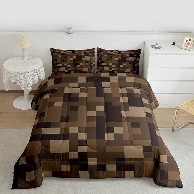 Pixelated Comforter Set Full Size,Grid Army Camo Pixel Games Kids Bedding Set,Cartoon Gamepad Video Games Quilt Comforter,Brown Duvet Insert,2 Pillowcases