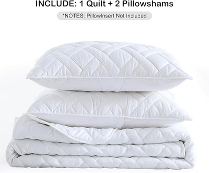 HORIMOTE HOME Quilt Set Queen Size White, Classic Geometric Diamond Stitched Pattern, Ultra Soft Microfiber Lightweight Bedding Set Bedspread Coverlet for All Season (1 Quilt and 2 Pillow Shams)