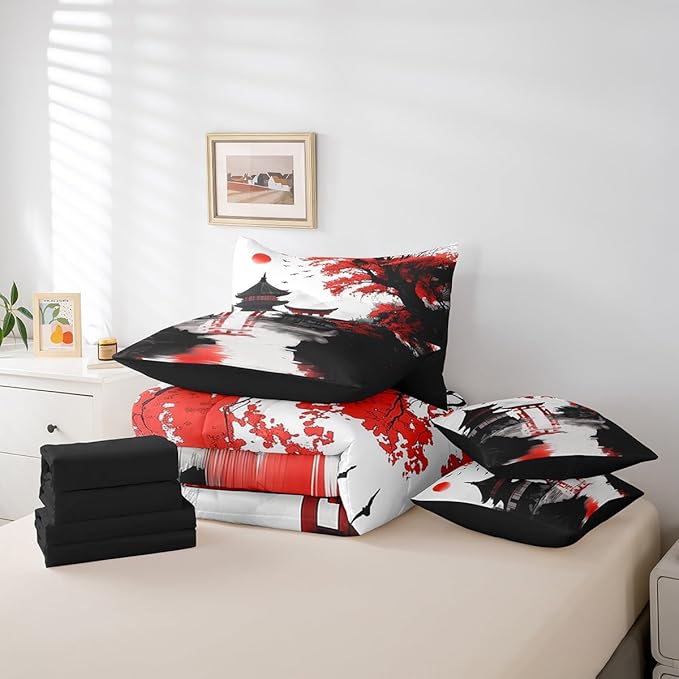 Erosebridal Japanese King Comforter Set with Sheets 7 Piece Sun Cherry Blossom Bedding Set for Girls Women Watercolor Black Red Mountain Sakura Floral Bed in A Bag Asian Chinese Ink Sheet Set