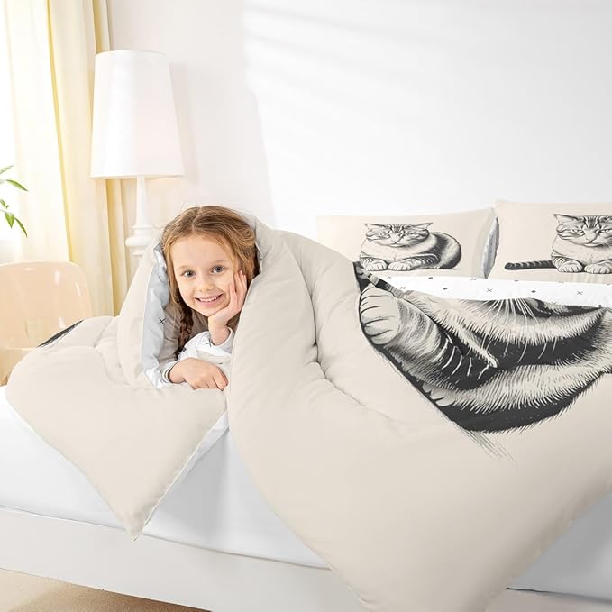 Erosebridal Kitten Bedding Set Queen Size Sketch Cat Comforter Set for Kids Boys Girls 3D Kawaii Pet Animal Cute Beige Grey Comforter Warm Soft Quilt Insert