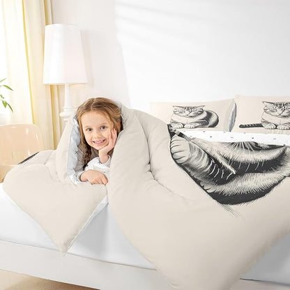 Erosebridal Kitten Bedding Set King Size Sketch Cat Comforter Set for Kids Boys Girls 3D Kawaii Pet Animal Cute Beige Grey Comforter Warm Soft Quilt Insert