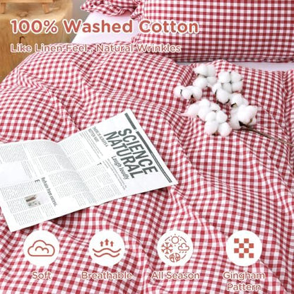 ATsense Red Gingham Ruffle Duvet Cover Set Cotton Like Linen, Queen