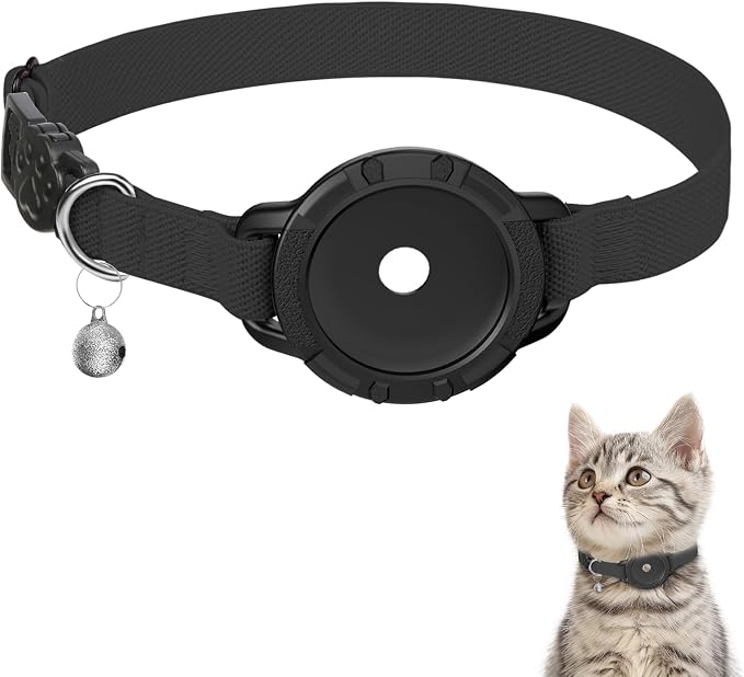 AirTag Cat Collars, Stretchy Collar with AirTag Holder and Bell | Breakaway - Ultra Design Elastic - GPS Tracking Collars - Adjustable Size for Cats & Puppies 7.5-12.5" - (Black)