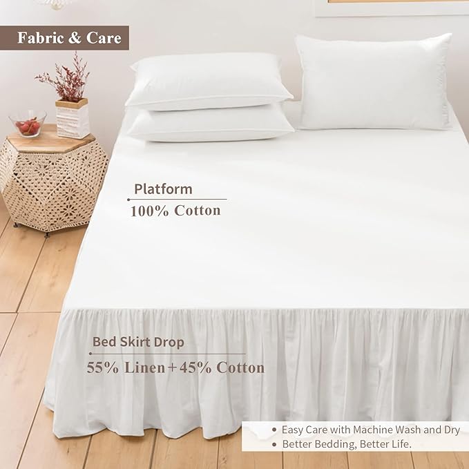 BISELINA French Linen Bed Skirt with Pleated Frills 14-Inch Tailored Drop Natural Flax Cotton Blend Dust Ruffle Soft Cozy Farmhouse Bedding (14" Full, White)