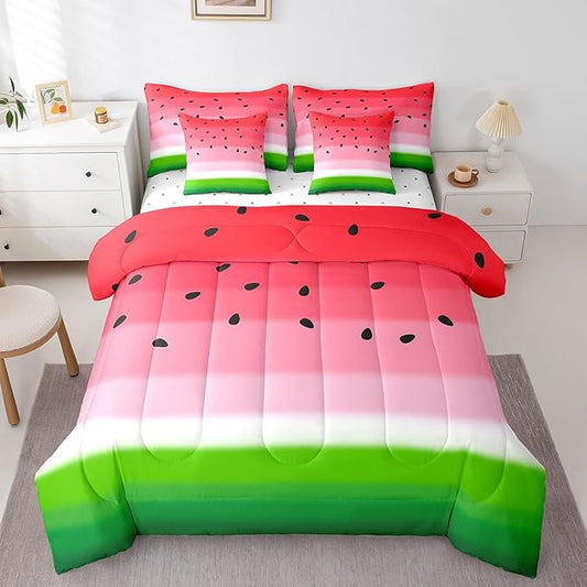 Castle Fairy 7 Pcs Watermelon Bedding Sets Red Pink Green Stripes Print Comforter Set for Kids Teens Adults All Season (Comforter Flat Sheet Fitted Sheet 2 Pillowcases 2 Throw Pillow Covers) Queen