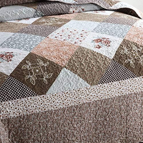 HoneiLife Quilt Set King Size - 3 Piece Microfiber Reversible Bedspreads Patchwork Coverlet Floral Bedding Set All Season Quilts- Splicing Mocha Rose