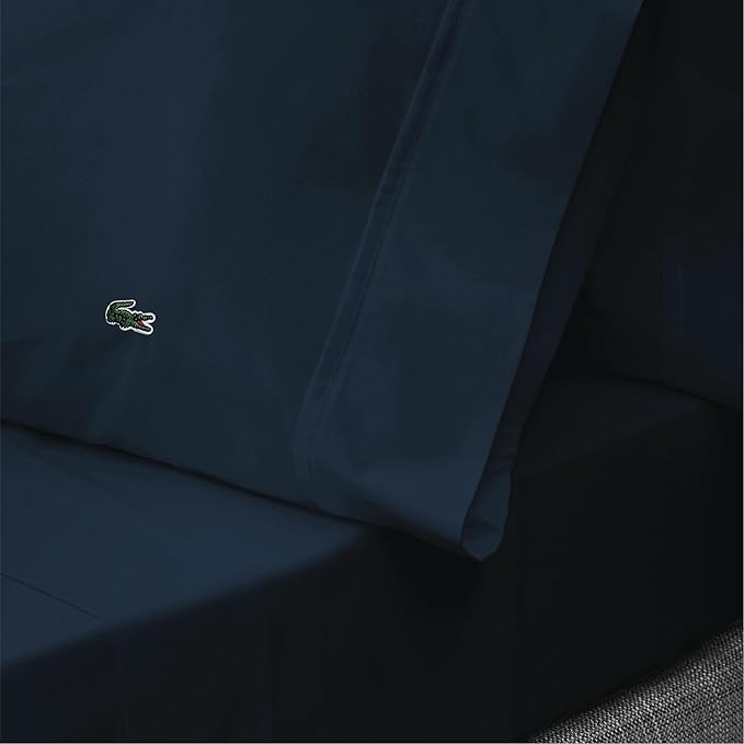 Lacoste 100% Cotton Percale 4-Piece Sheet Set – Cool, Crisp, Matte, and Durable, Oeko-Tex Certified – Solid, Navy, King