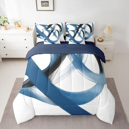 Erosebridal Abstract Navy Blue 7 Piece Comforter Set Queen Bed in A Bag Geometric Minimalist Lines Bedding Set Modern Ink Painting Stripes Quilt Simple Aesthetic Fashion Neutral Sheet Set for Men