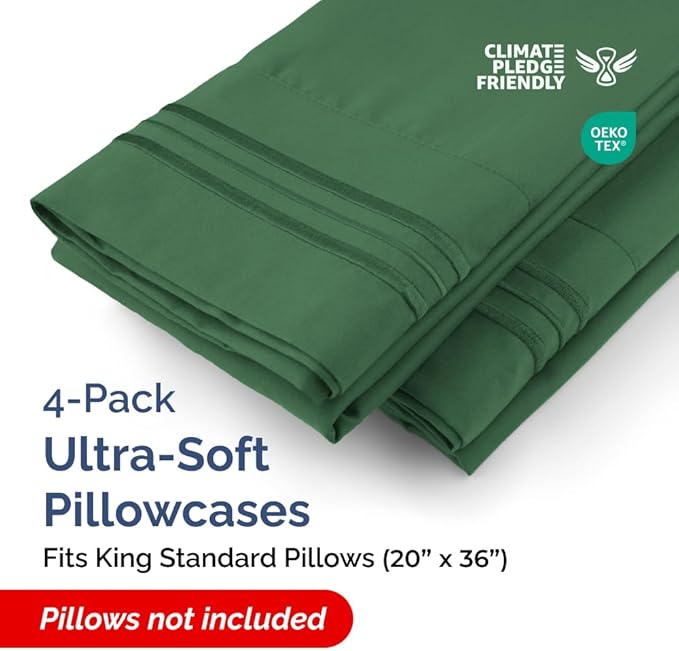 King Standard Pillow Cases Set of 4 - Soft Hotel Quality Pillowcase Covers - Comfy Bedding for Women, Men, Kids & Teens - Machine Washable Pillow Protectors - 4 Piece Set - King Standard Emerald Green