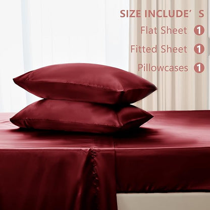 CozyLux Satin Sheets Twin Sheet Set - 3 Piece Silky Twin Bed Sheets, Luxury Burgundy Sheet Twin Size Bed Set with Smooth and Soft Microfiber, Includes 1 Fitted Sheet, 1 Flat Sheet and 1 Pillowcase