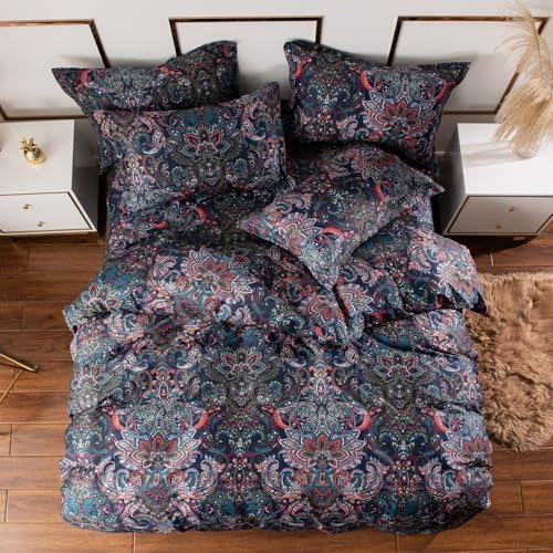 VM VOUGEMARKET Paisley Bedding Sets 3Pcs Brushed Cotton Duvet Cover Set King Size Rustic Damask Stormy Blue Floral Comforter Cover with Zipper Closure Boho Bedding Collections