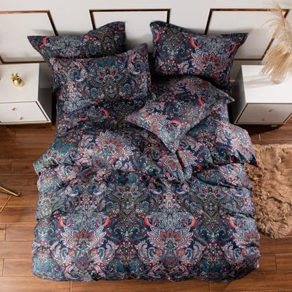 VM VOUGEMARKET Paisley Bedding Sets 3Pcs Brushed Cotton Duvet Cover Set King Size Rustic Damask Stormy Blue Floral Comforter Cover with Zipper Closure Boho Bedding Collections