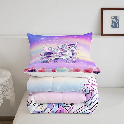 Kids Girls Unicorn Boys Girls Comforter Set Full Size,Pink Purple Rainbow Duvet Sets Teens Bedroom Decor,Cartoon Unicorn Rose Flowers Brushed Microfiber Soft Bedding Comforter