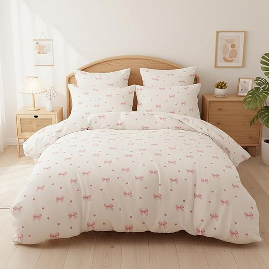 Nayoroom Pink Bow Comforter Set Full Size Coquette Pink Heart Comforter 3 Pieces Soft Lightweight Kids Girls Cute Aesthetic Dorm Bedding Set for All Seasons