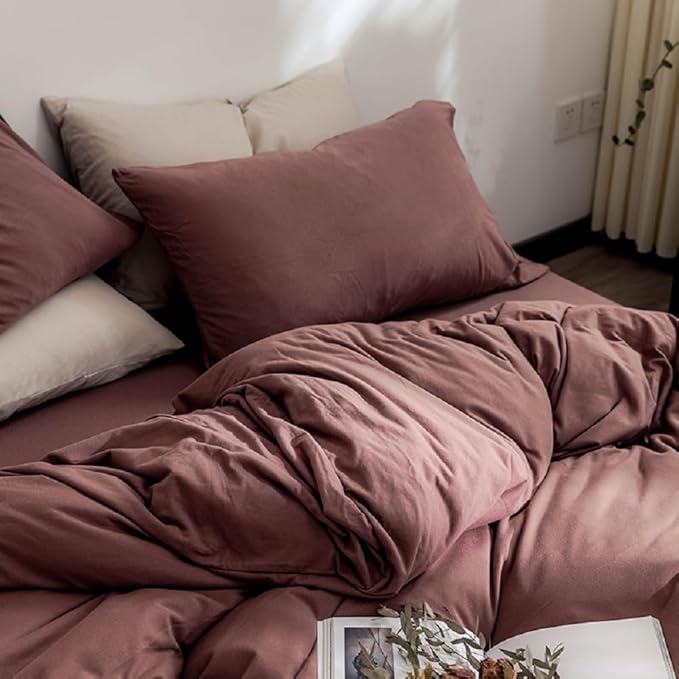 LifeTB Brick Red Duvet Cover Queen Size Soft Jersey Knit Cotton Bedding Set Minimalist Clay Rust Red Comforter Cover 3 Pieces Solid Color Bedding Knitted Cotton Duvet Cover with 2 Pillowcases
