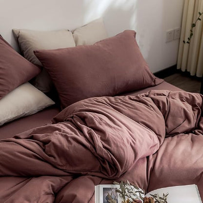 LifeTB Brick Red Duvet Cover Full Size Soft Jersey Knit Cotton Bedding Set Minimalist Clay Rust Red Comforter Cover 3 Pieces Solid Color Bedding Set Knitted Cotton Duvet Cover with 2 Pillowcases