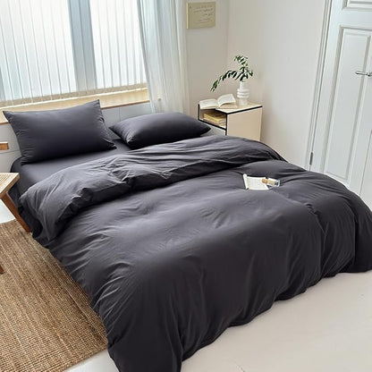 FACE TWO FACE Bedding Duvet Cover Set100% Washed Cotton Duvet Cover Linen Like Textured Breathable Durable Soft Comfy (California King, Volcanic Black)