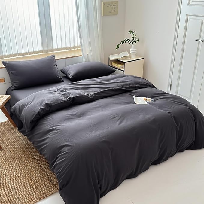 FACE TWO FACE Bedding Duvet Cover Set100% Washed Cotton Duvet Cover Linen Like Textured Breathable Durable Soft Comfy (King, Volcanic Black)