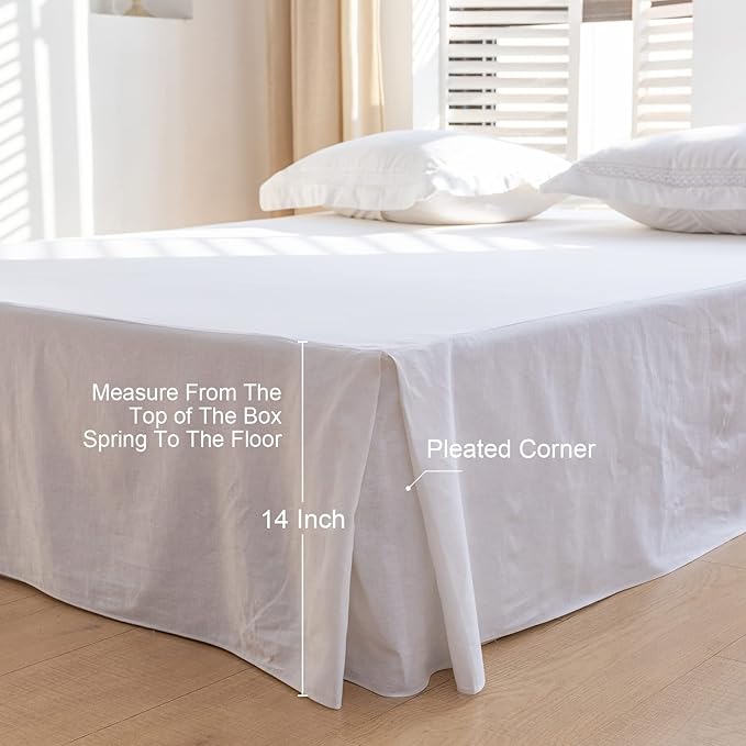 BISELINA French Linen Bed Skirt with Pleated Corner 14-Inch Tailored Drop Natural Flax Cotton Blend Basic Dust Ruffle Soft Cozy Farmhouse Bedding (14" Queen, Basic White)