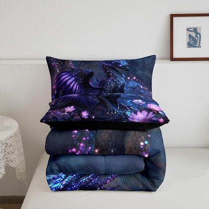 Feelyou Dragon Comforter Set Toddler Size Dragon Stuff Comforter for Boys Girls Teens Wild Life Bedding Set Flower Duvet Set Room Decor Black Purple Quilt Set