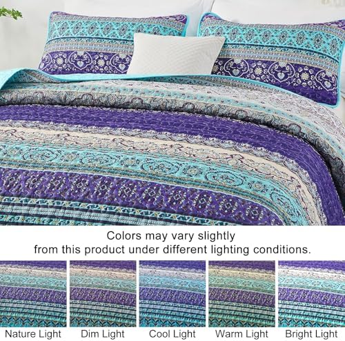 WONGS BEDDING Boho Full Quilt Bedding Set, 3 Pieces Soft Bedspread, Blue