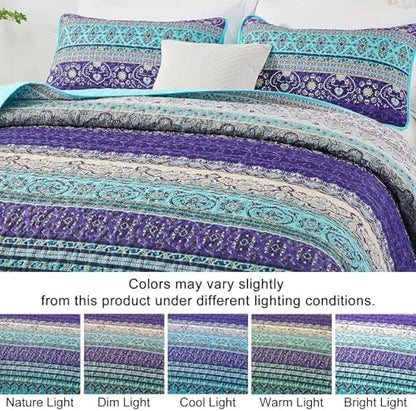 WONGS BEDDING Boho Full Quilt Bedding Set, 3 Pieces Soft Bedspread, Blue