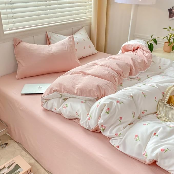 Nayoroom Pink Floral Duvet Cover Twin Size Coquette Tulip Printed on White Reversible Comforter Cover 2Pcs Kids Girls Cottagecore Bedding Set with Zipper Closure Soft Breathable Microfiber
