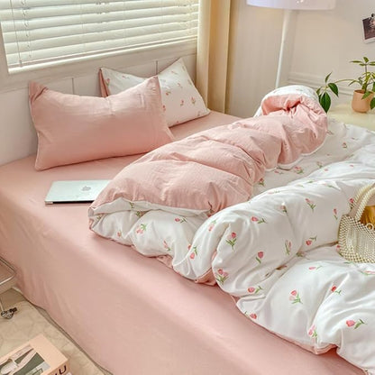 Nayoroom Pink Floral Duvet Cover Twin Size Coquette Tulip Printed on White Reversible Comforter Cover 2Pcs Kids Girls Cottagecore Bedding Set with Zipper Closure Soft Breathable Microfiber