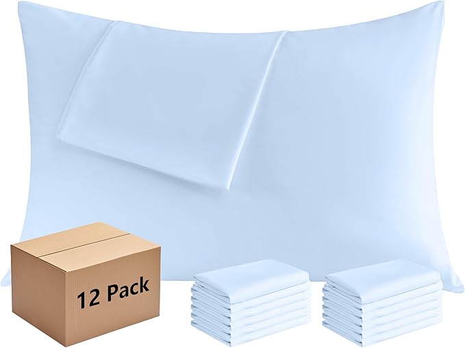 Pillowcases Queen 12 Pack, 20x30 Pillow Cases with Envelope Closure, Soft Plain Brushed Microfiber Covers Breathable Wrinkle-Resistant, Light Blue