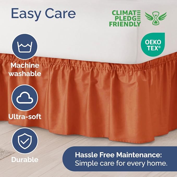 Wrap Around Dust Ruffle Bed Skirt - Terracotta - for King Size Beds w/ 15 Inch Drop - Easy Fit Elastic Strap - Adjustable Pleated Bedskirt w/Brushed Fabric - Wrinkle Free, Women, Men, Kids & Teens