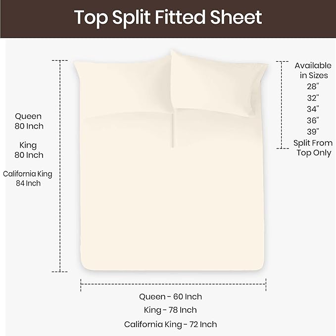 SGI bedding Adjustable Split Head Flex Top Cal King 34" Microfiber Sheet Set Ultra Soft, Cooling & Deep Pocket 15 Fitted, 4-Piece Breathable & Durable Bedding Set for Split Cal King Beds -Butter