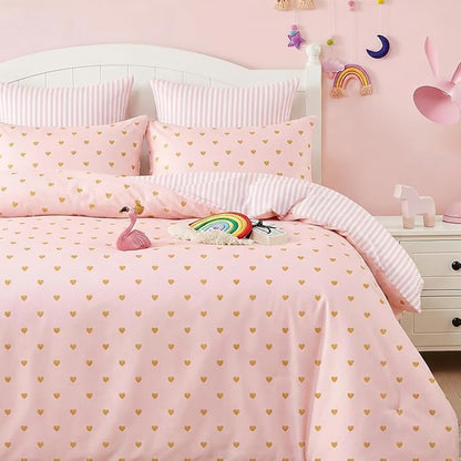 Pink Comforter Set Queen Gold Heart Bedding Set for Girls Kids, Reversible Pink White Wide Striped Design, Cute Coquette Comforter 3 Pieces, with 2 Pillowcases, Soft 100% Microfiber