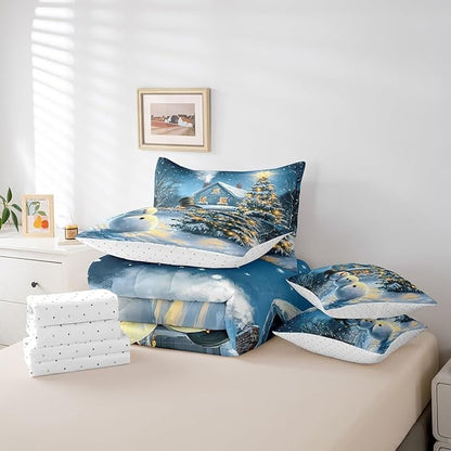 Christmas Night Full Comforter Set with Sheets Bed in a Bag 7 Pcs,Cartoon Xmas Snowman Winter Snow Bed Set,Farmhouse Style Bedding Sets with Comforter,Flat,Fitted Sheet,Pillowcases,Pillow Covers