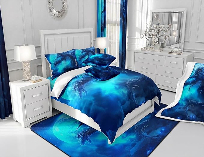 Dragon Moon Comforter Set Queen Size,Wildlife Magical Dinosaur Bedding Set for Kids Boys Girls Room Decor,3D Blue Dragon Printed Duvet Insert 3Pcs,Microfiber Soft Trippy Quilt Set,2 Pillowcases