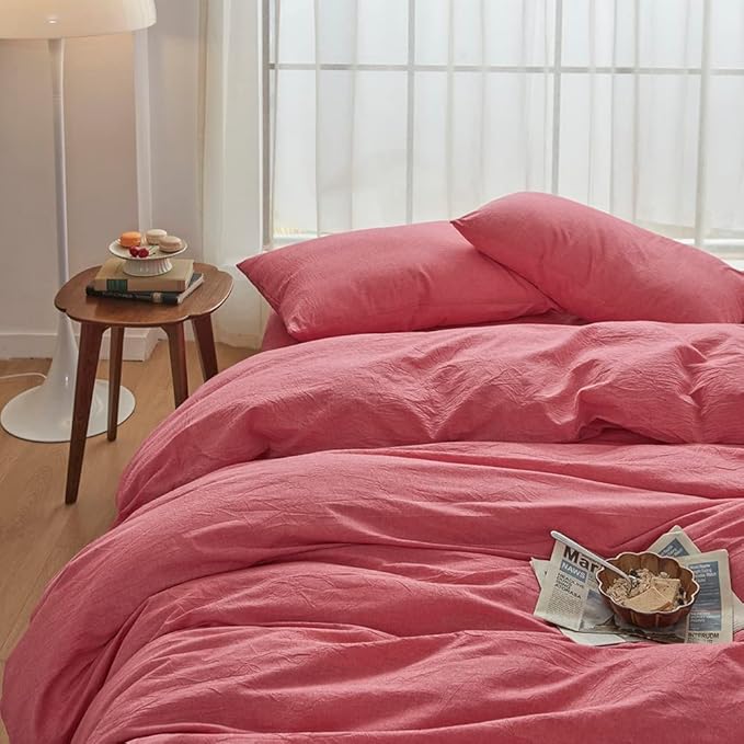 FACE TWO FACE Bedding Duvet Cover Set100% Washed Cotton Duvet Cover Linen Like Textured Breathable Durable Soft Comfy (Queen, Red)