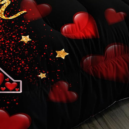 Eiffel Tower King Size Comforter Sets,Red Loving Heart Romantic Couple Bedding Set,Paris Bedding Comforter Sets for Women Room Eiffel Tower Decor with 2 Pillowcases.