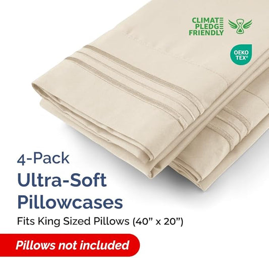King Pillow Cases Set of 4 - Ultra Soft Hotel Quality Pillowcase Covers - Comfy, Cozy & Wrinkle Free - Shrinkage, Stain and Fade Resistant - Machine Washable Pillow Protectors - 4 Piece Set - Wheat
