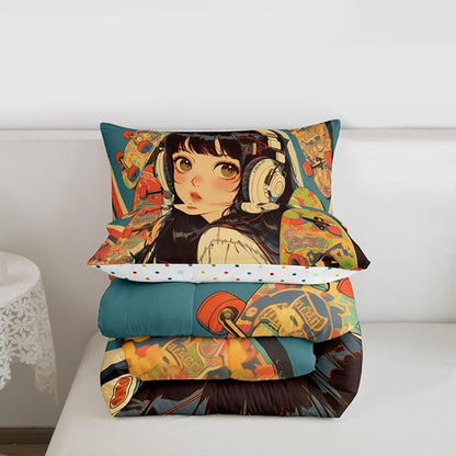 Erosebridal Kids Comforter Sets Queen Size, Cool Girl with Hippie Headphone Bedding Comforter Sets, Fashion Girly Comforter Duvet Set 3D Anime Cartoon Style Teens Bedding Sets for Girls Women